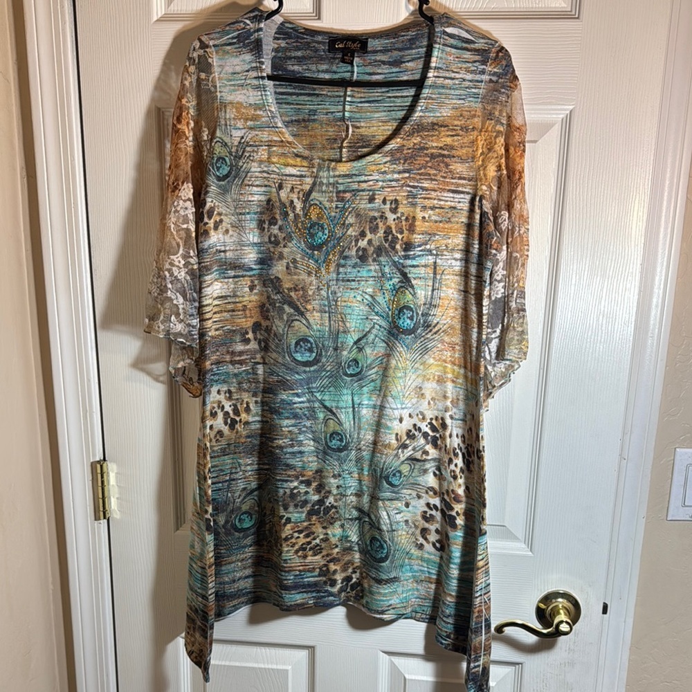 Women's Multicolor Peacock Midi Dress with bell lace sleeves‎